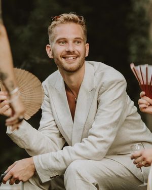 Beige Linen Suit with Bare Chest