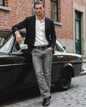 Black Blazer with White Shirt and Grey Jeans