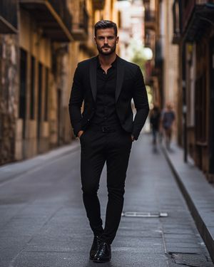 Black Satin Lapel Suit with Black Shirt and Trousers