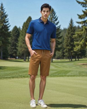 Blue Polo Shirt with Camel Bermuda Shorts