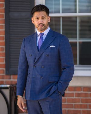 Blue Windowpane Double-Breasted Suit with Shirt and Purple Tie