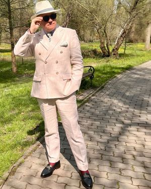 Blush Double-Breasted Linen Suit with Panama Hat