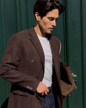 Brown Blazer with White T-shirt and Dark Denim Jeans