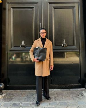 Camel Overcoat with Black Turtleneck and Wide-Leg Trousers