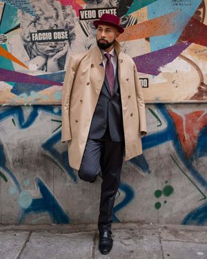 Camel Trench Coat with Gray Suit