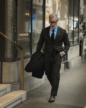 Charcoal Suit with Light Blue Shirt and Black Tie