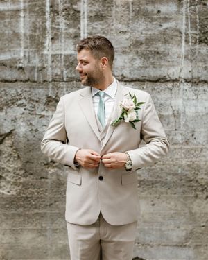 Cream Beige Three-Piece Suit with Mint Green Tie
