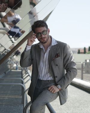 Grey Checked Double-Breasted Suit with Striped Shirt