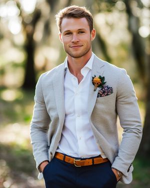 Light Grey Blazer with White Shirt and Navy Trousers