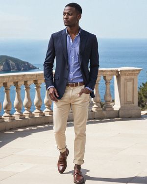 Navy Blazer with Striped Shirt and Beige Trousers