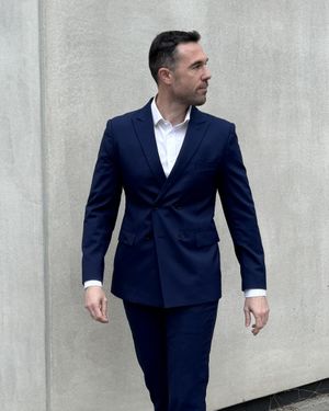 Navy Pinstripe double-breasted Suit with White Shirt and Black Shoes