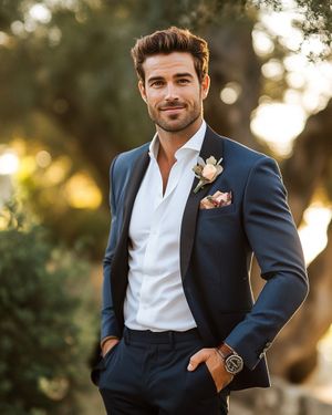 Navy Suit with White Shirt and Floral Boutonnière