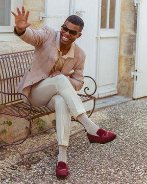 Pink Checkered Blazer with Cream Polo and Trousers