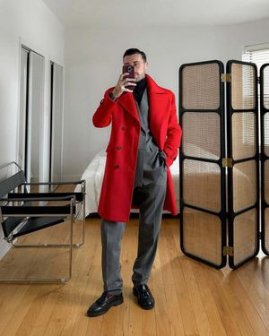 Red Overcoat with Grey Suit and Black Turtleneck