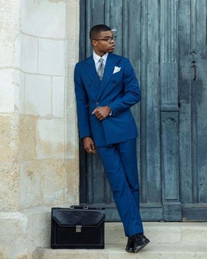 Royal Blue Double-Breasted Suit with White Shirt and Paisley Tie