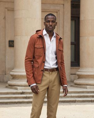 Rust Field Jacket with White Shirt and Camel Trousers