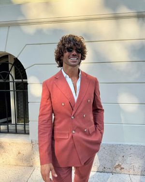Terracotta Double-Breasted Suit with Open White Shirt