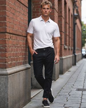 white-polo-shirt-black-jeans