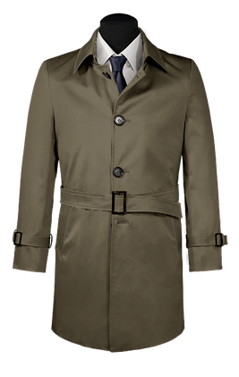 Olive green long water-resistant single-breasted trench coat with belt