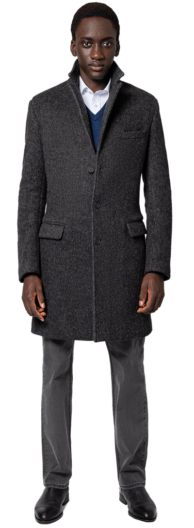 Wool Silk Angora Charcoal melange long Chesterfield Coat with contrasted buttonthreads & blue lining