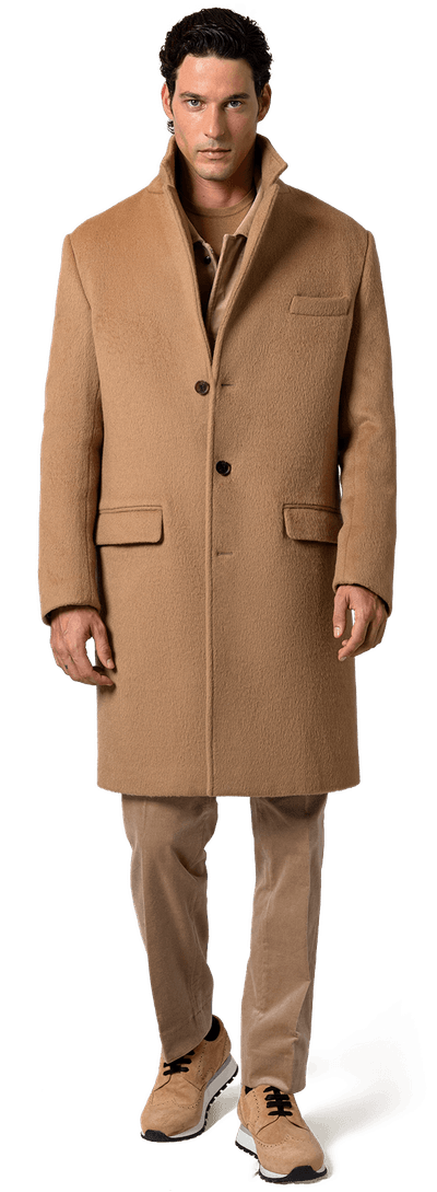 Alpaca camel long Overcoat with wide lapels