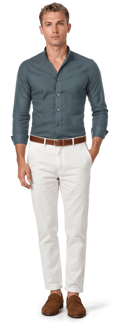 Mid blue linen mao collar stretch Shirt